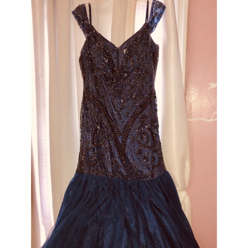 Sherri Hill Navy Blue Dress Off the Shoulder